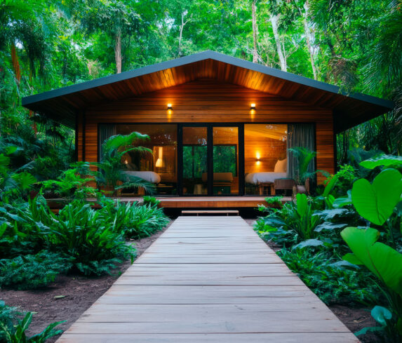 Wooden-walkway-leads-to-a-small-cabin-in-the-jungle